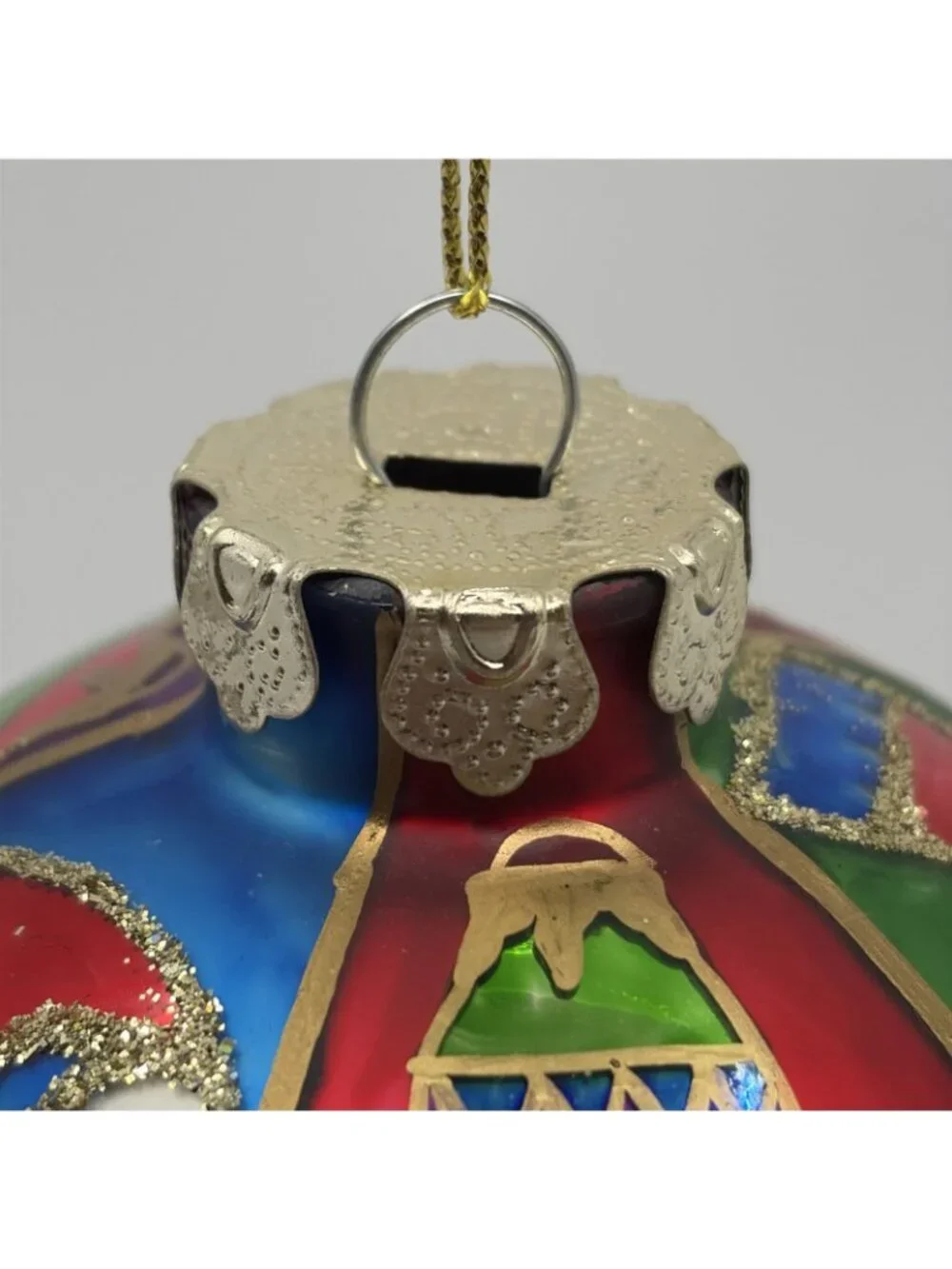 Vtg Komozja Joy to the World Glitterazzi Hand Painted Polish Glass Ball Ornament